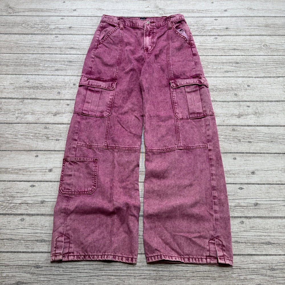 Gap Cargo Pants Kid's 14 Burgundy Acid Wash Denim Wide Leg Baggy Fit Cotton Y2K
